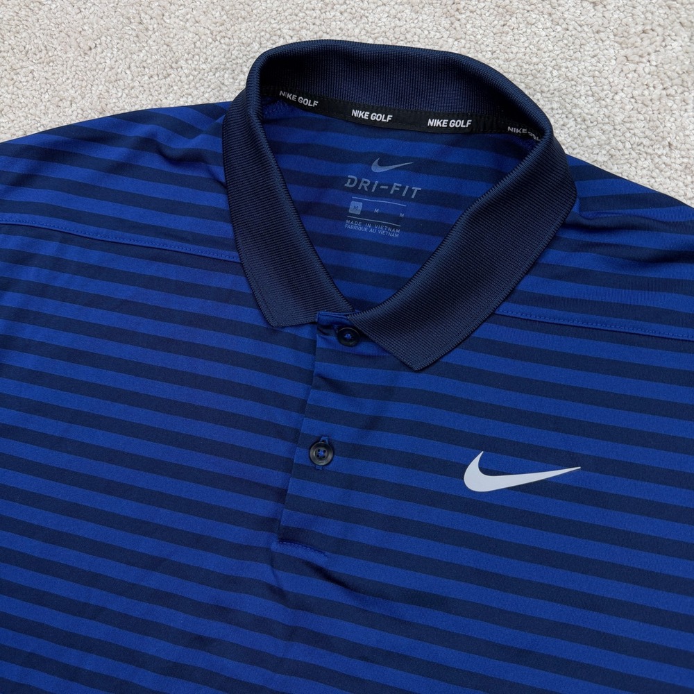 Nike Mens Medium Polo Shirt Blue Striped Dri-Fit Golf Short Sleeve